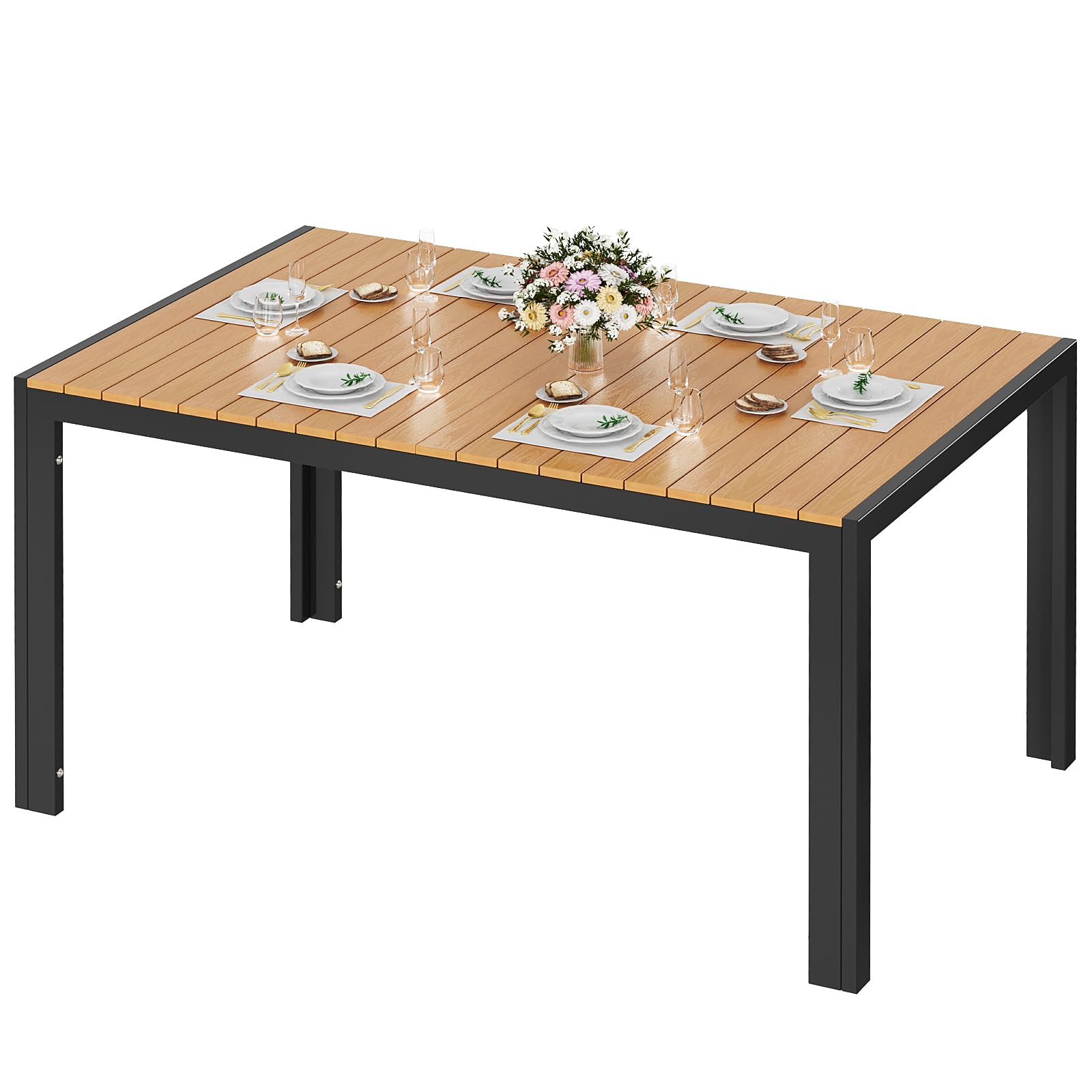 LIFERUN Wetterfest Gartentisch Groß, 140x90x75 cm Aluminium Terrassentisch mit WPC Tischplatte, Rechteckiger Esstisch Outdoor für 6 Personen, Stabiler Garten Terrasse o Balkon Tisch, Schwarz+Teak