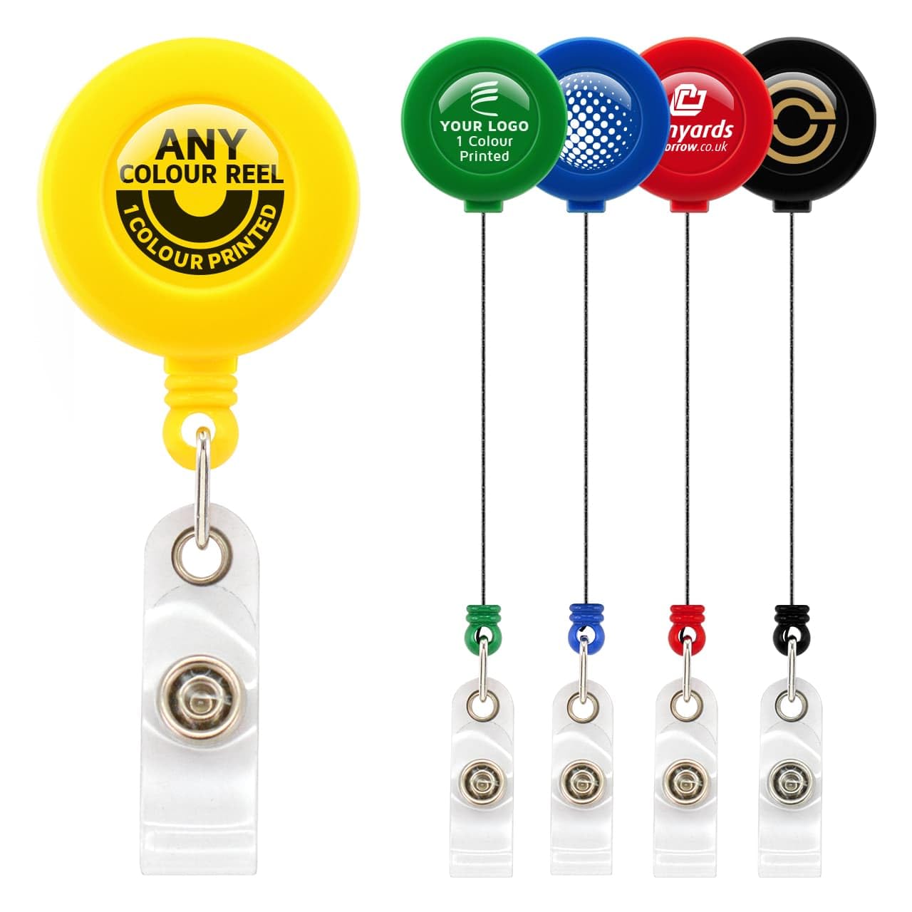 Lanyards Tomorrow, 100 clip da cintura retrattili personalizzabili con bobina Yoyo, stampa a colori, porta badge identificativo estensibile in plastica con scritta e scritta