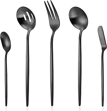 Serving Utensils Set,LAZAHOME Matte Black 5-Piece Hostess Set,Black Silverware Set,Food-Grade Stainless Steel Tableware Cutlery Set,Serving Set for Dinner Parties Entertaining,Dishwasher Safe