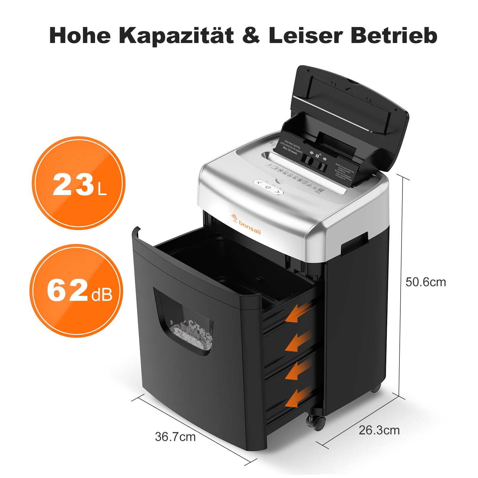 Bonsaii 120 Blatt Aktenvernichter mit Automatischem Einzug, P-4 Partikelschnitt, Extrem Leise mit 62dB, 23-Liter-Behälter und 4 Rädern, Autofeed-Mikroschnitt-Schredder für das Büro(C233-B)
