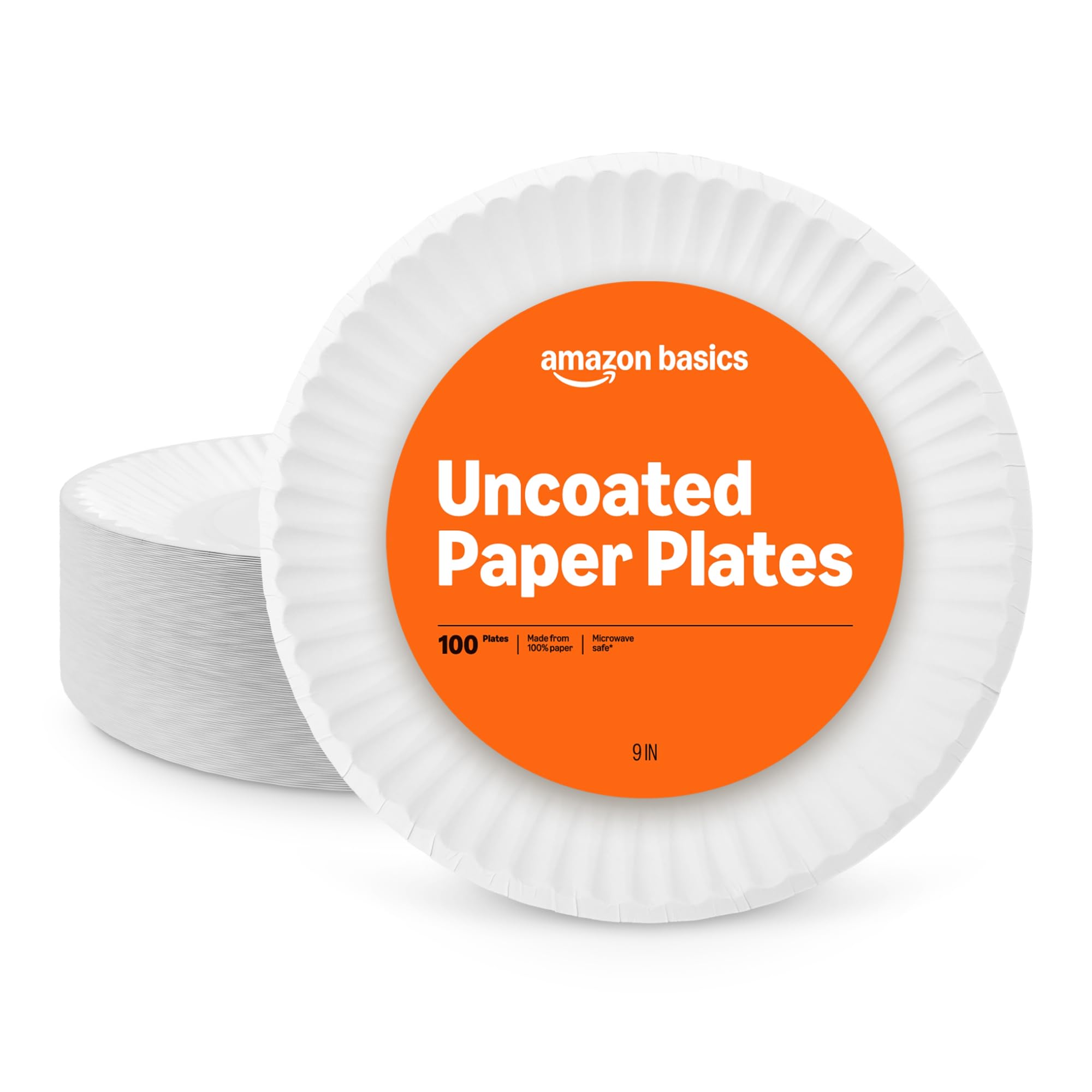 Amazon Basics 9-inch Uncoated White Paper Plates, Microwave Safe, 100 Count