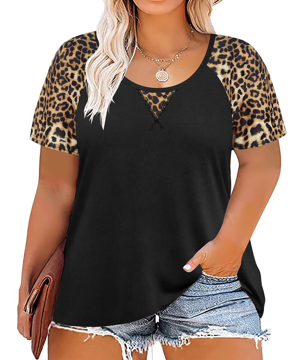 CARCOS Plus Size Tops for Women Short Sleeve Shirt Summer Star/Leopard/Tie Dye/Flower Crewneck Pullover Tunic XL-5XL