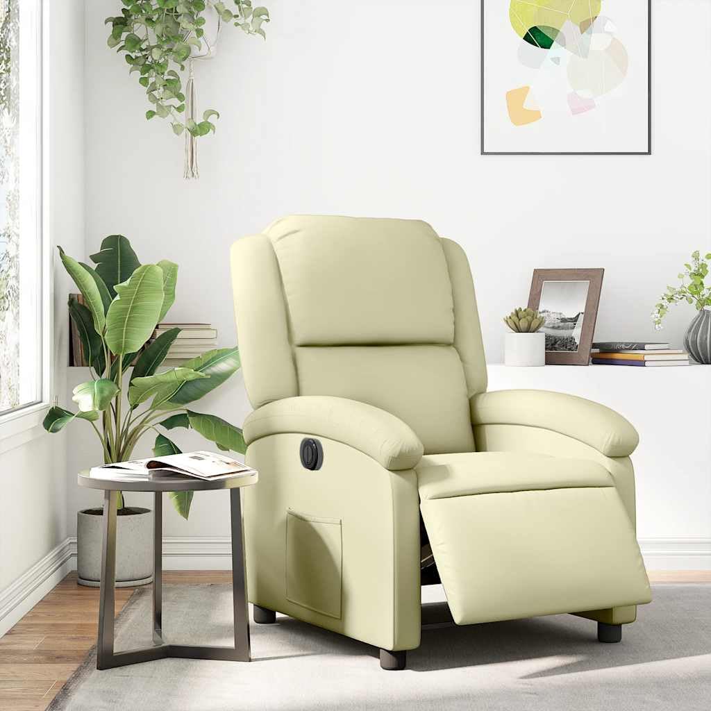 Fotel relaksacyjny, elektryczny, kremowy, z prawdziwej skóry z regulowanym oparciem i podnóżkiem, wyściełany, z drewnianą ramą metalową, ergonomiczny, do salonu, sypialni, biura, idealny do