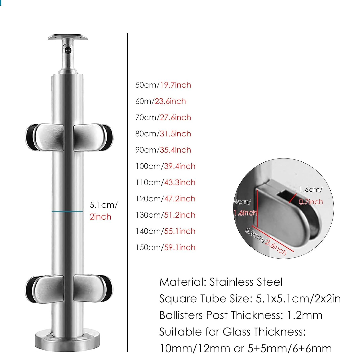 Sapphire Indoor Glass Railing Posts with Clamps - 20/28/35/43/51/59 Inch Tall, Versatile Middle/End/Corner Design for Deck & Porch Baluster System