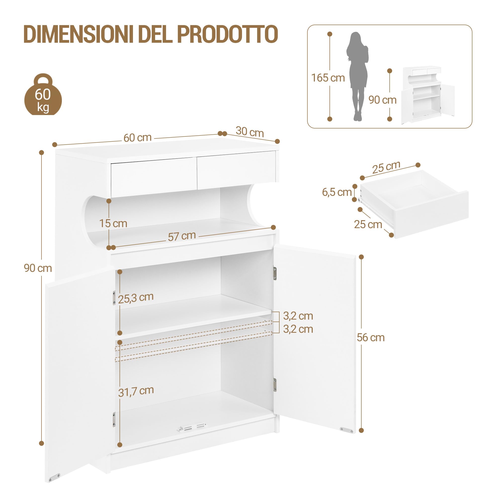 Hzuaneri Mobile da Bagno, mobiletto bagno con 2 cassetti e 2 ante, design semplice e moderno, con ripiani regolabili, per Bagnos, Soggiorno, Ingresso, Cucina, 30 × 60 × 90 cm, Bianco lino, SC63903X