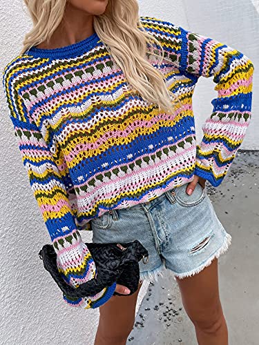 Womens Striped Crochet Sweaters Lightweight Crewneck Multicolor Trendy Y2k Long Bell Sleeve Knit Pullover Tops2