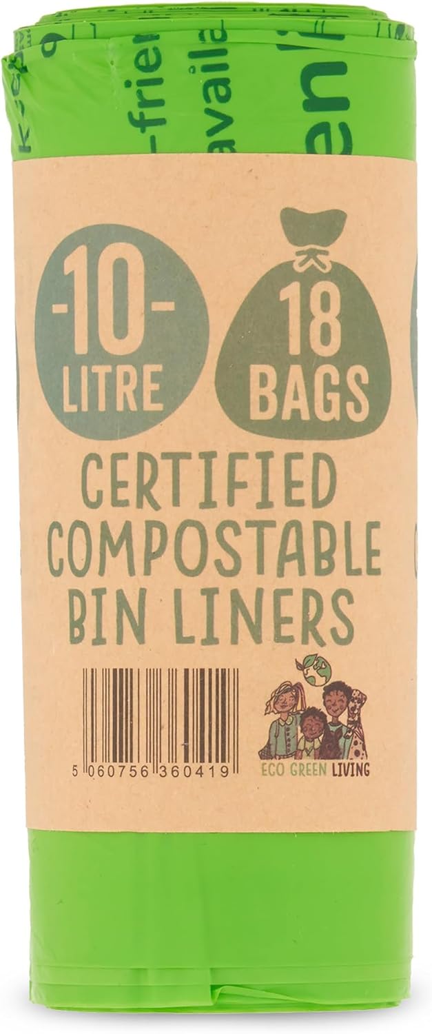 Eco Green Living 100% Compostable Caddy Liners, Biodegradable Food Waste Bags. Plastic & BPA-Free 10L Bin Liners, Vegan, Recyclable, Leakproof Kitchen Waste Bags, 1 Roll x 18 Bags