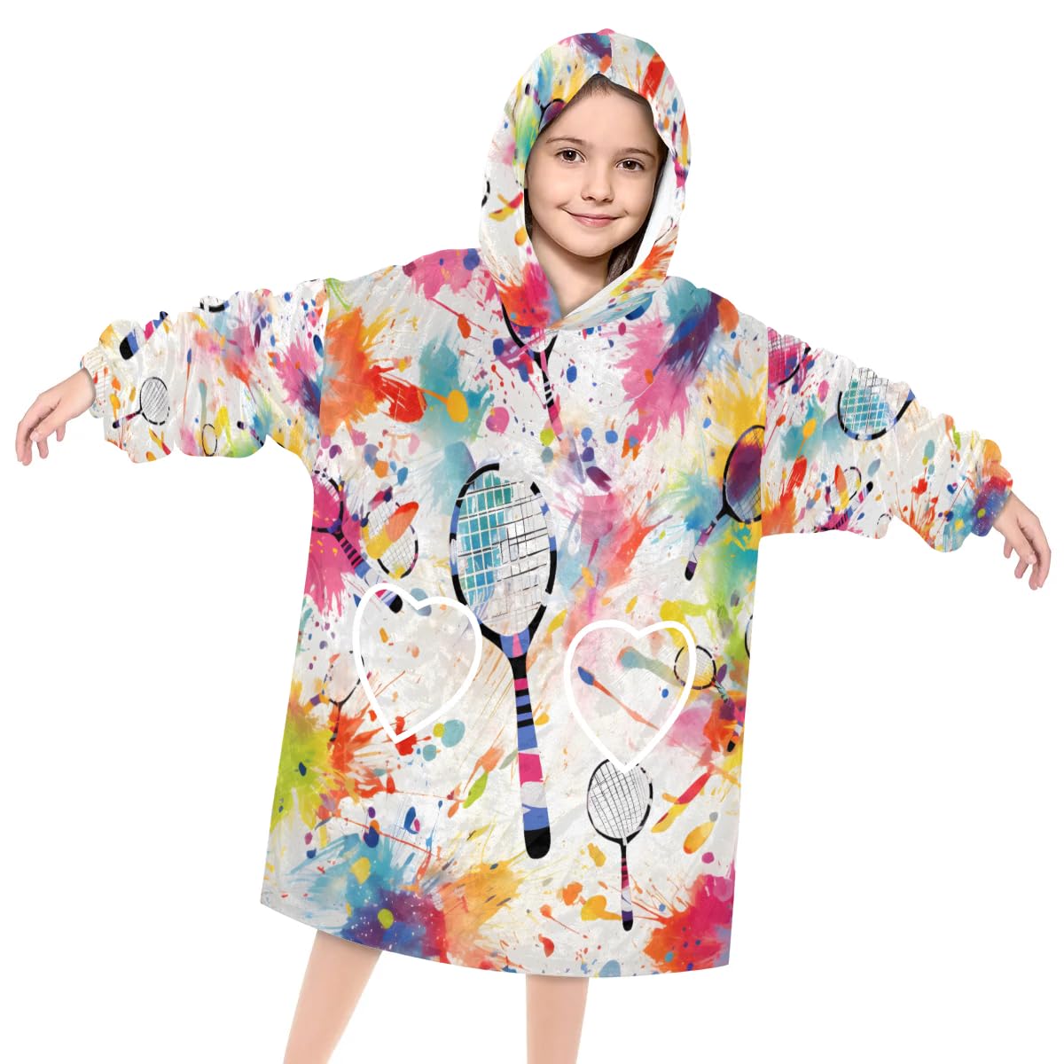 Kids Blanket Hoodie Watercolor Tennis Racket Wearable Blanket Hoodie Oversized Hooded Blanket, Sweatshirt Blanket with Pockets Soft Warm Kids Hooded Blanket for Girls, Boys