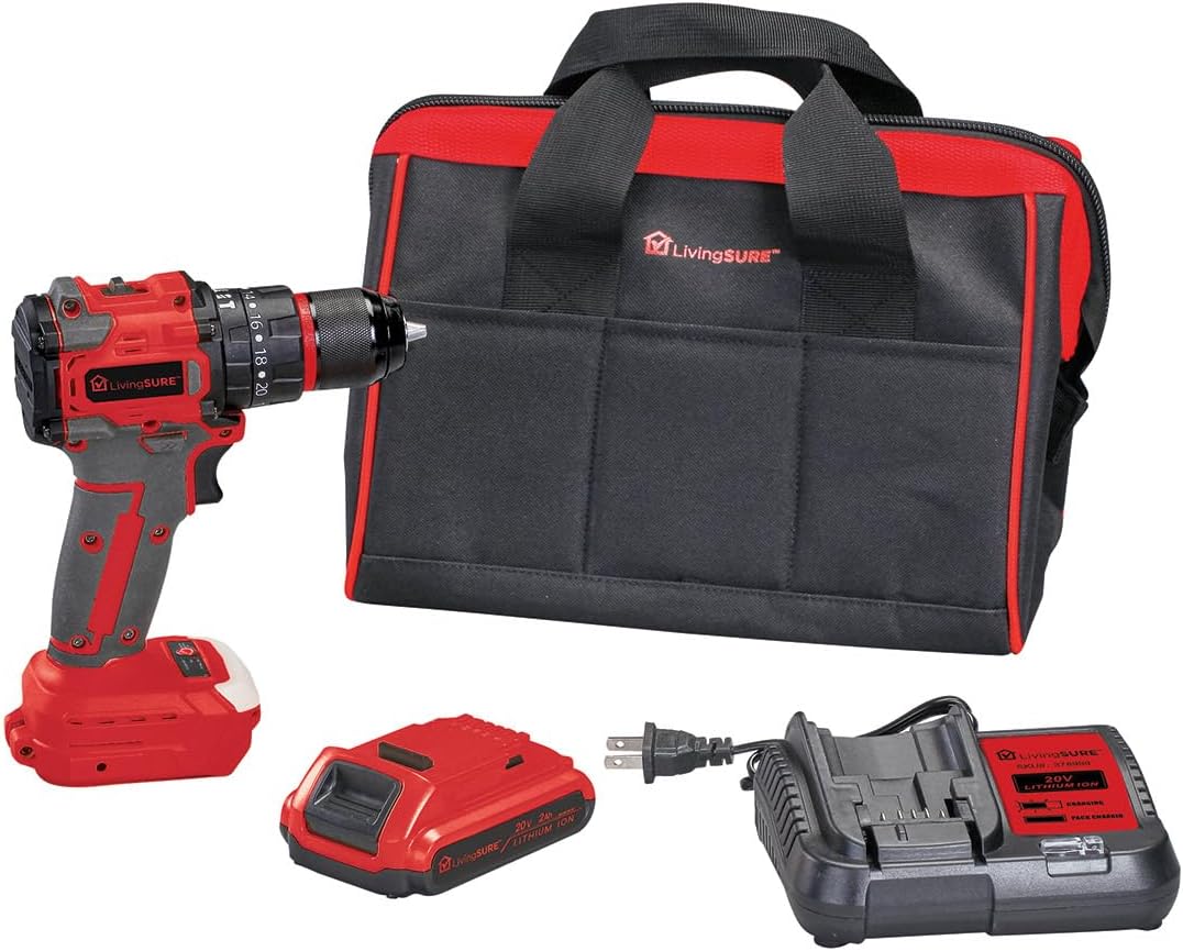 LivingSURE 18V Cordless Drill, Battery, Charger & Bag Set