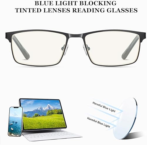 Miniatura 5 de EYECEDAR Paquete de 5 lentes de lectura para hombre, bloqueo de luz azul, marco de metal gris plomizo, bisagras de resorte, lentes de lectores para