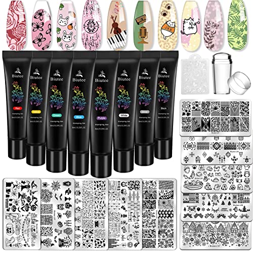 Biutee Nail Stamping Gel Polish, 10 Pcs Placas Estampacion Uñas, Gel de Estampado de Uñas de 8 Colores, DIY Uñas Decoracion
