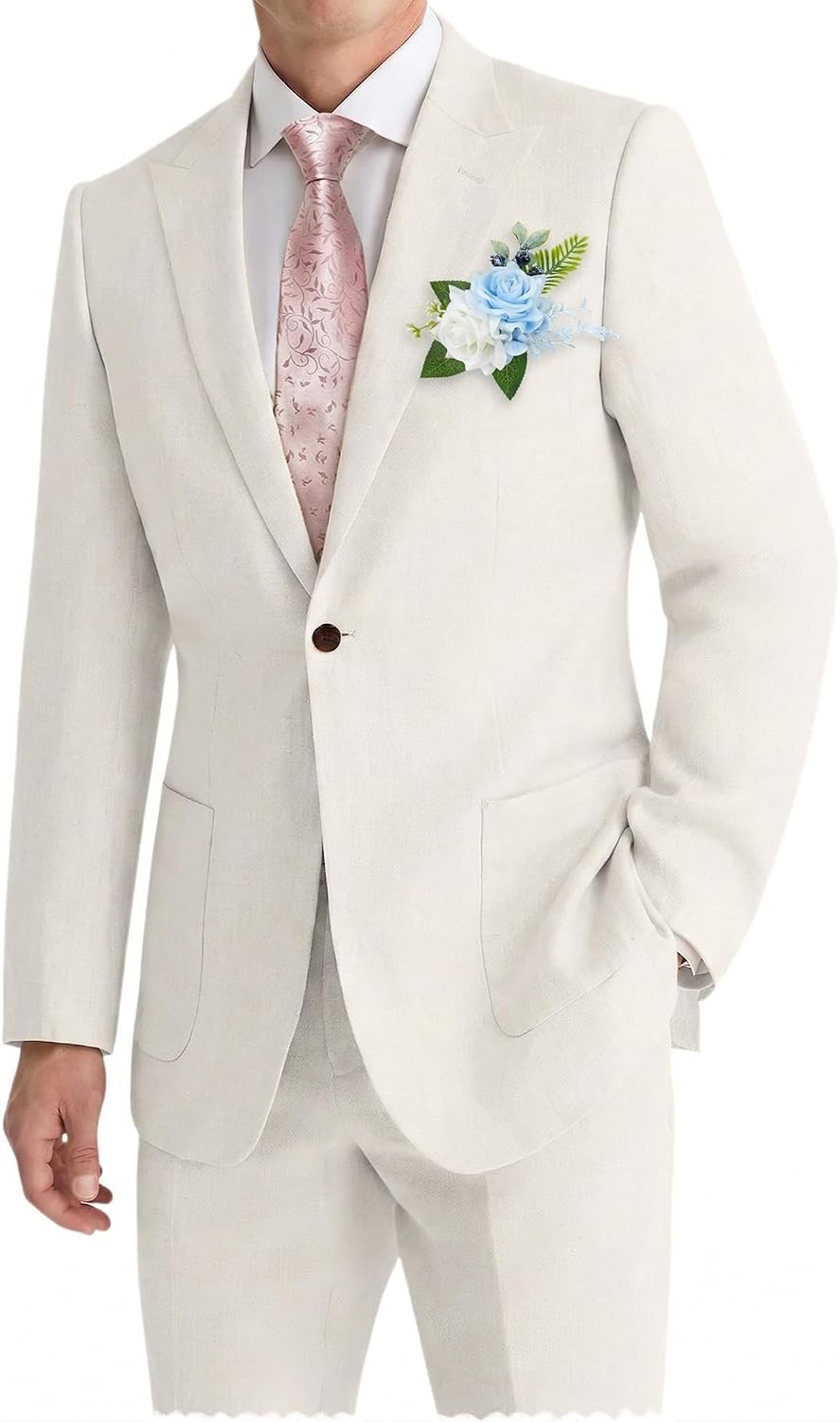 Mens Linen Suit 2pcs Summer Casual Set Linen Blazer Pants Slim Fit Suits for Beach Wedding Lightweight Groomsmen Tuxedo