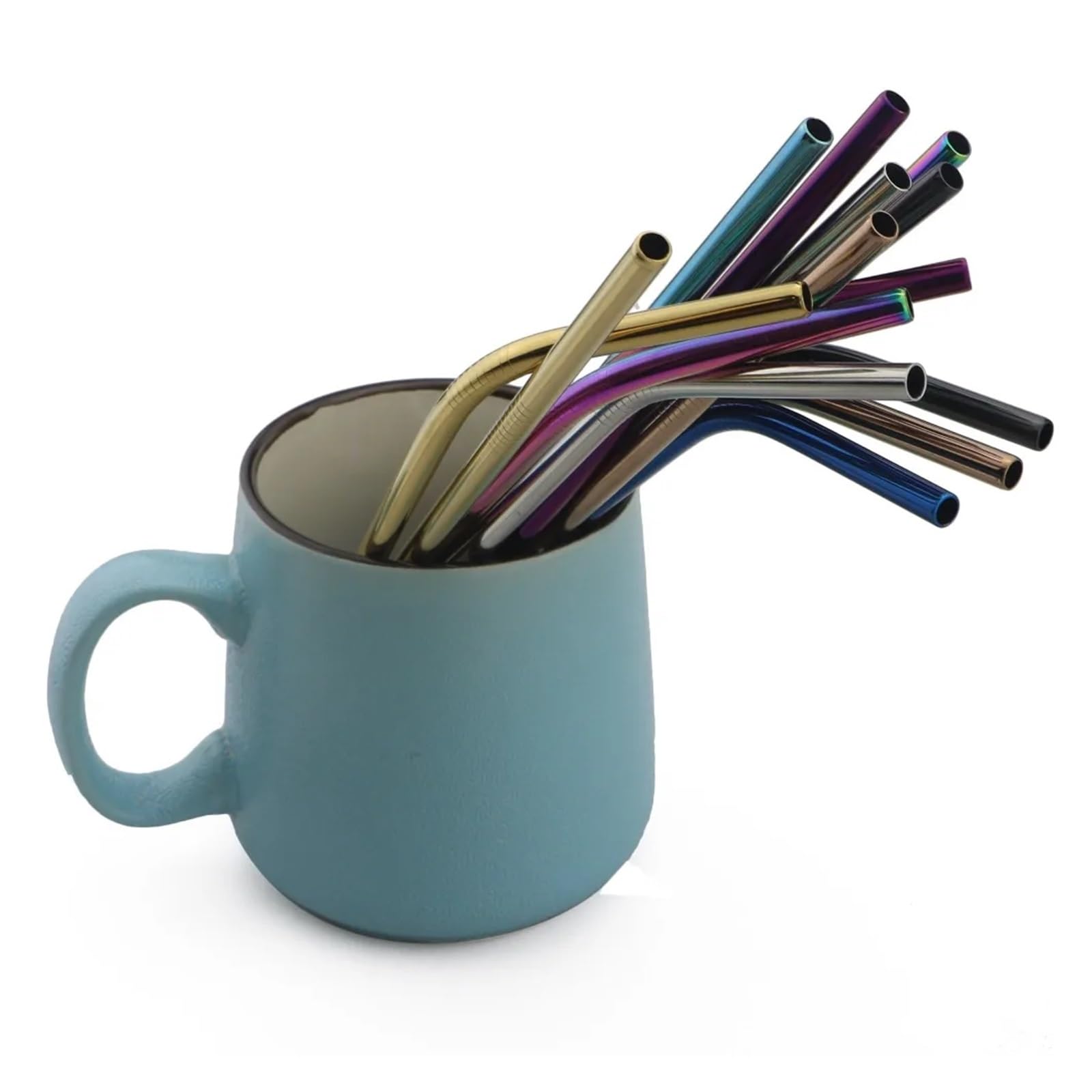 Strohhalme 5er-Set bunte Trinkhalme aus Metall, rosa, wiederverwendbar, regenbogenfarben, gebogen, gerade, Edelstahl 304, inklusive Reinigungsbürste für Smoothie(Glod-1)