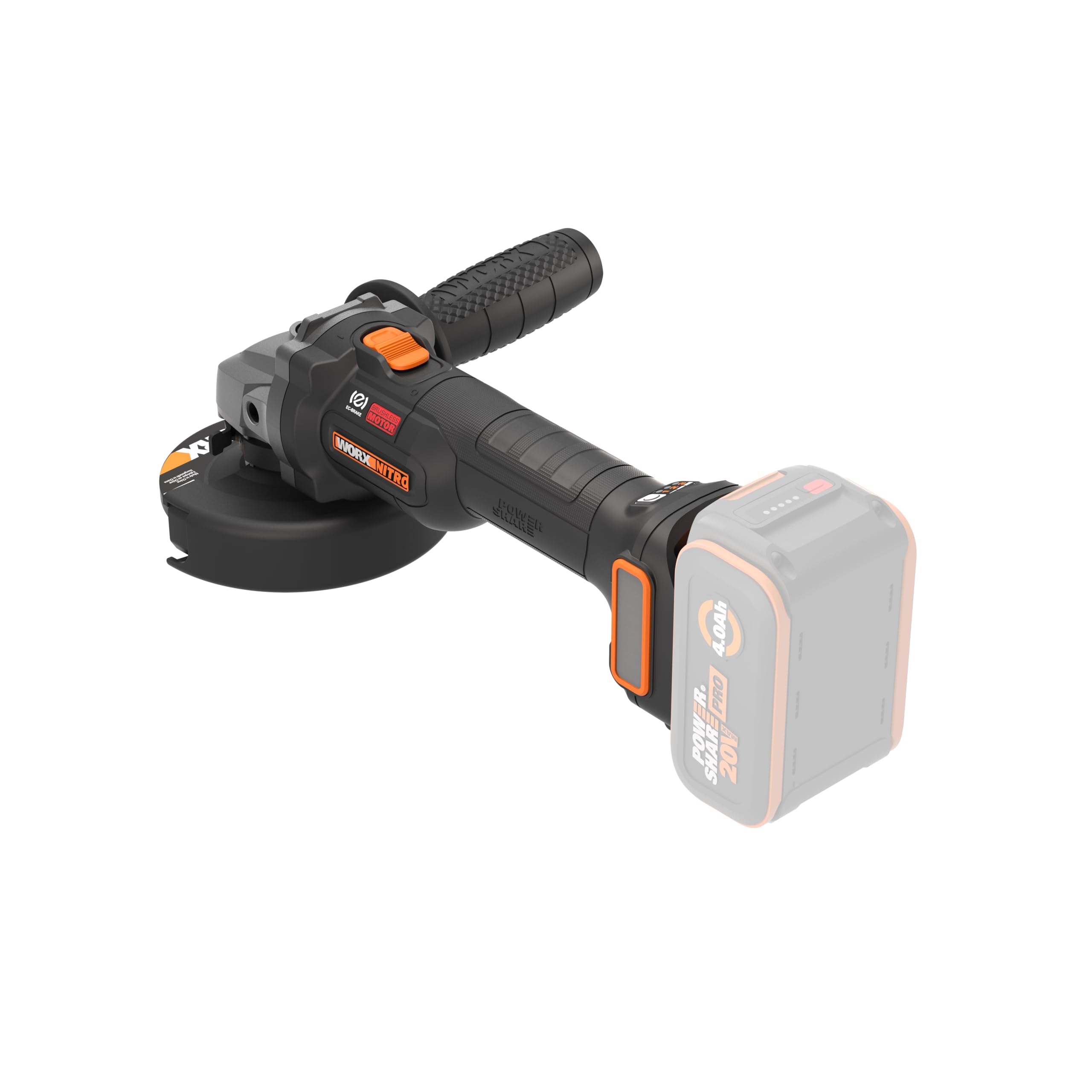 WORX WX815.9 Amoladora a batería 20V, 115mm, corte 50% más rápido, equivalente a 1000W de potencia, sin batería ni cargador, para reparaciones, metal y piedra, uso intensivo.