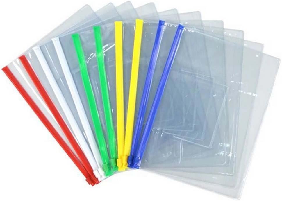 10-Piece Plastic Zipper Pen File Document Folders Pockets Bags Assorted Color Zippers (red, White, Green, Yellow and Blue)