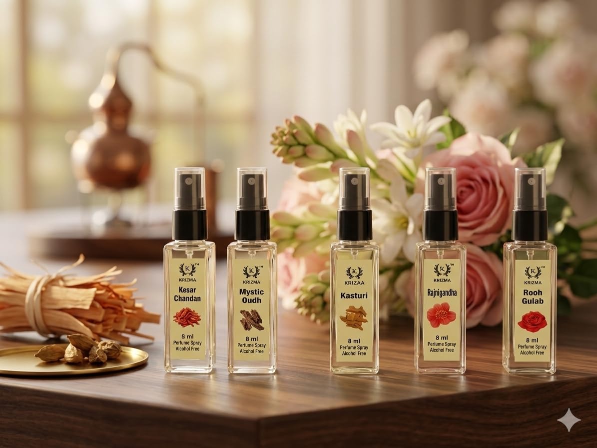 Krizma,5 in1 Attar Perfume Spray, 8ml x 5 pc, 40ml Total, 100% Alcohol Free, for Pooj, Namaz, Personal Use-image-33