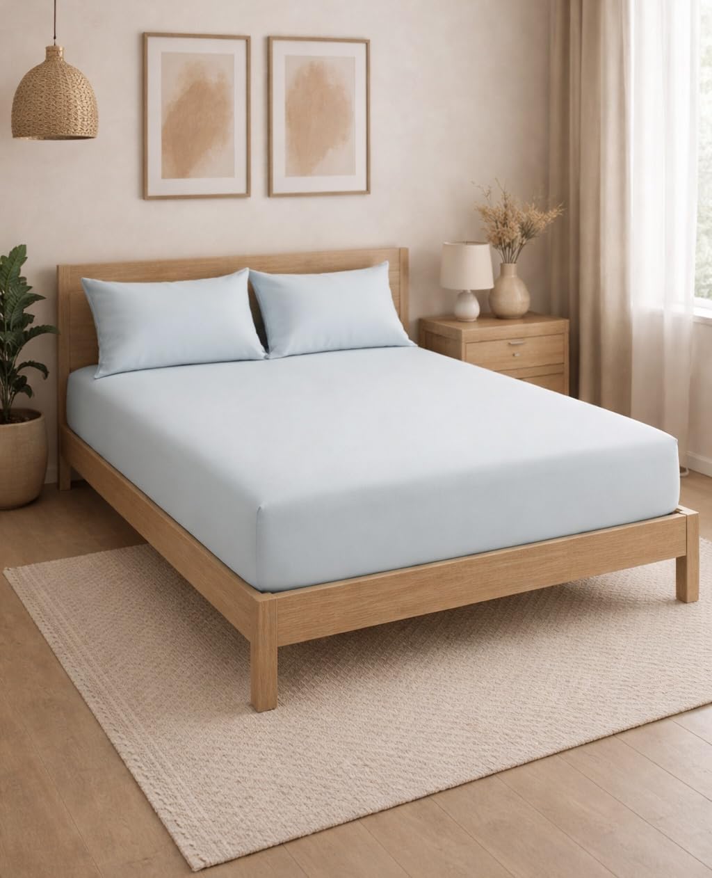 THE HOME STYLE Solid Plain Cotton Feel Fitted Bedsheet (72x78 inches) with Reversible Comforter (90x100 inches) | King Size | 2 Pillow Covers | 300 TC | 4-Piece Bedding Set (Sky)