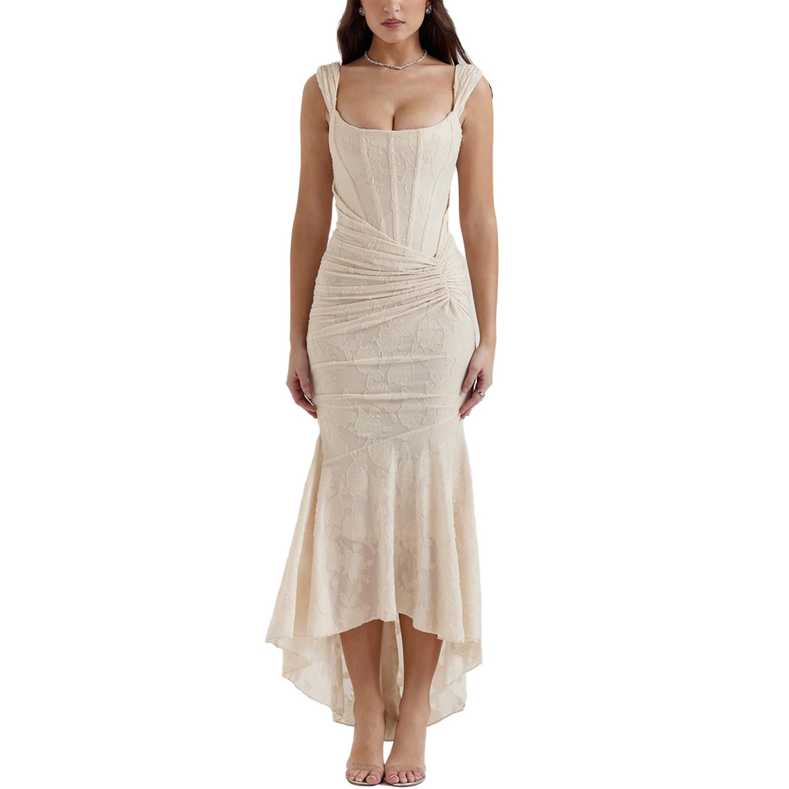 cffvdiz Women's Sexy Square Neck Corset Halter Fishtail Long Dresses Sleeveless Slim Wrap Hip Bodycon Maxi Dress,Beige,L