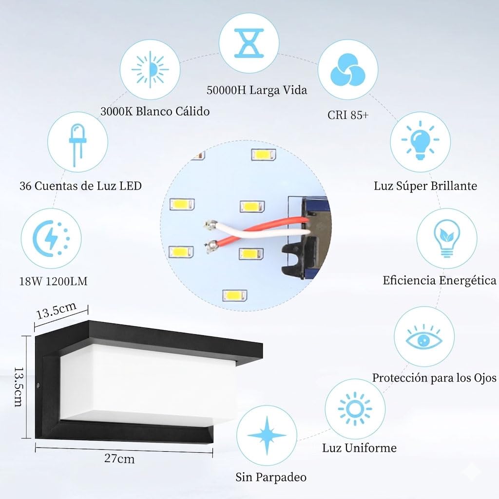Aplique Pared Exterior 18W Lámpara de Pared Exterior Impermeable IP65 Luz LED Iiluminación 6500K Apliques LED Aluminio para Jardín, Terraza, Patio, Villa, Pasillo