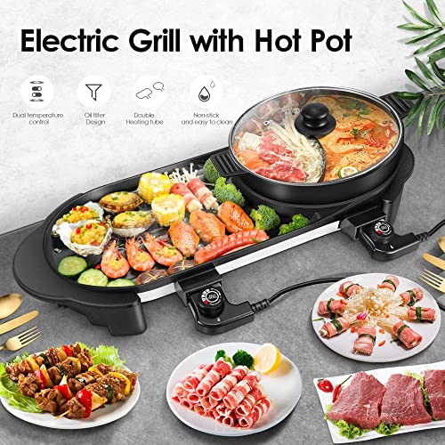 Electric Hot Pot Grill Removable Shabu-Shabu Pot Korean Bbq Grill W/ Large Baking Tray Divider Hotpot, Smokeless Non-Stick Cooker Pan, Adjustable Temperature, 1-6 People, 110V #TOP3