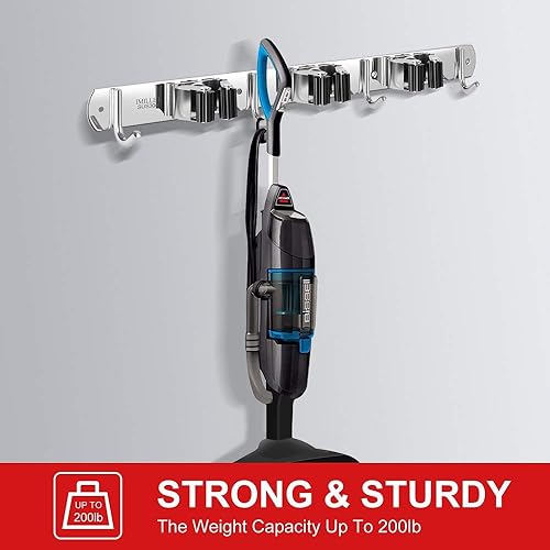 Miniatura 4 de IMILLET Paquete de 2 Soportes para Escobas y Fregonas con Montaje en Pared, Soporte para Escoba y Fregona de Acero Inoxidable, Autoadhesivo, Ganchos