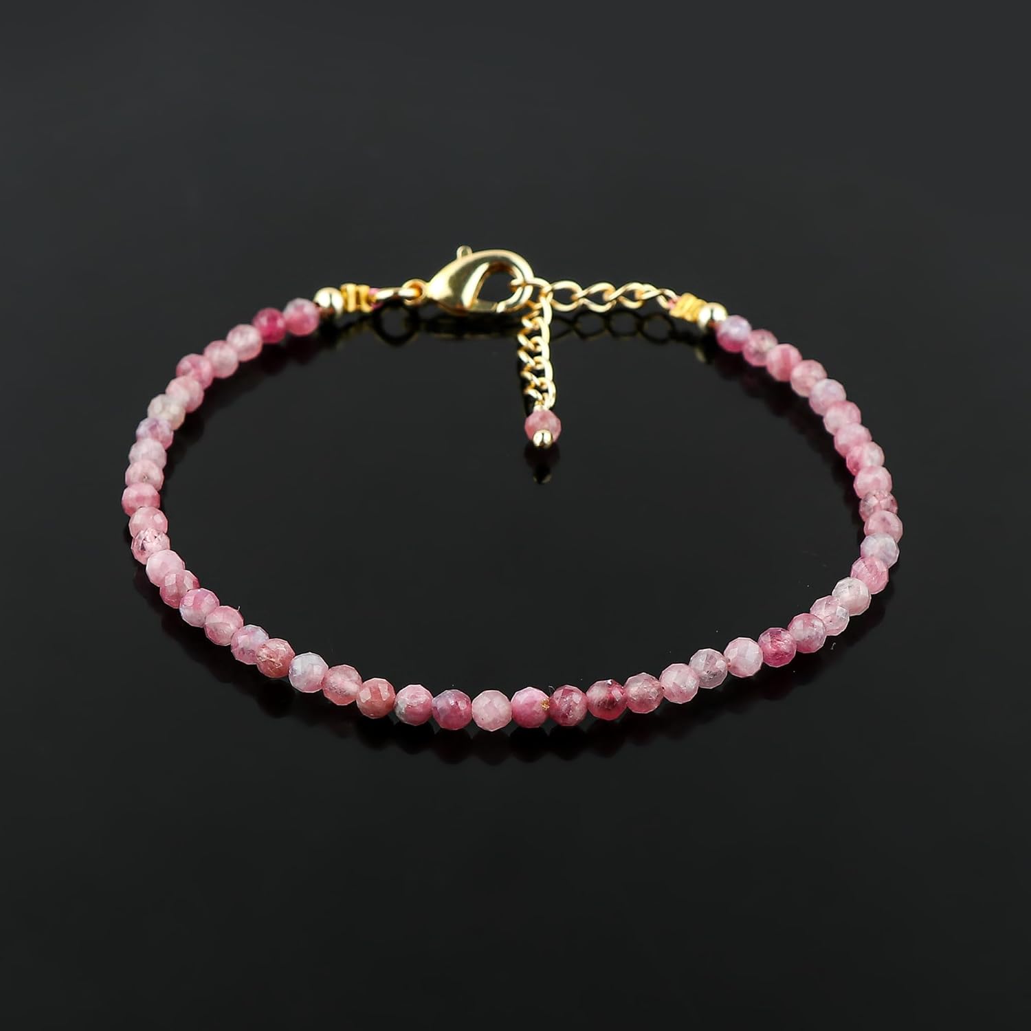 Natural Pink Tourmaline Gemstone Beads Bracelet, High Grade Stones, Handmade Jewelry, Healing Crystals, 14K Gold Plated, Adjustable Chain, Birthday Gift for Women, 8inch - Image 2