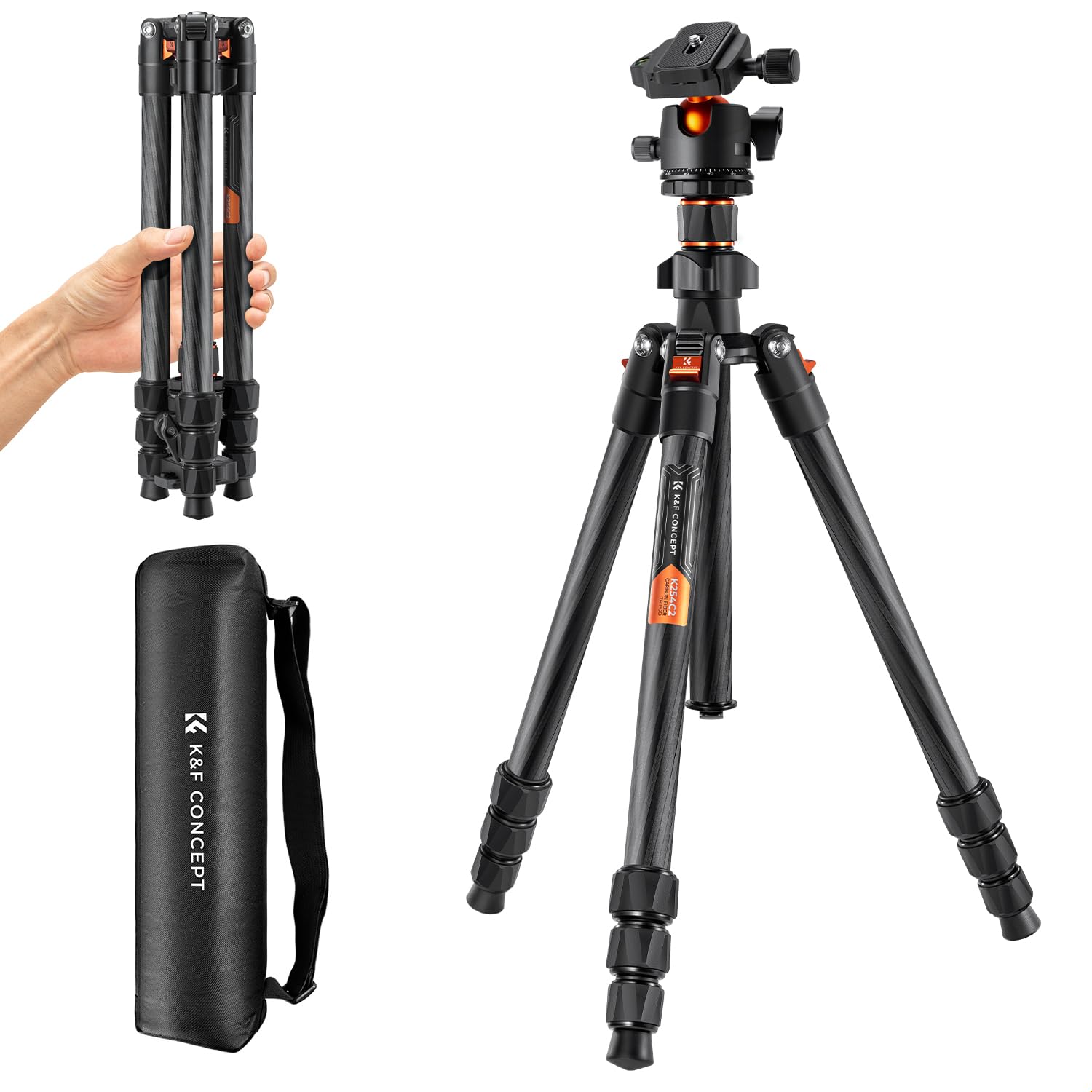 K&F CONCEPT 64" Carbon Fiber Camera Tripod,Lightweight Travel Tripod with 36mm Metal Ball Head Load Capacity 17.6lbs, Quick Release Plate,for DSLR Cameras Indoor Outdoor Use O254C2+BH-36