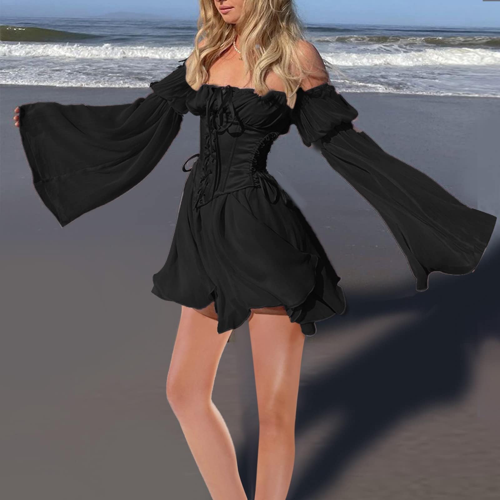 Didadihu Piratin Kostüm Piratenkostüm Damen Sexy Weißes Piratenkleid Piraten Feen Kleid Rüschenkleid Mit Langen Puffärmeln, Faschingskostüme Fasching Kostüm Frauen Damen
