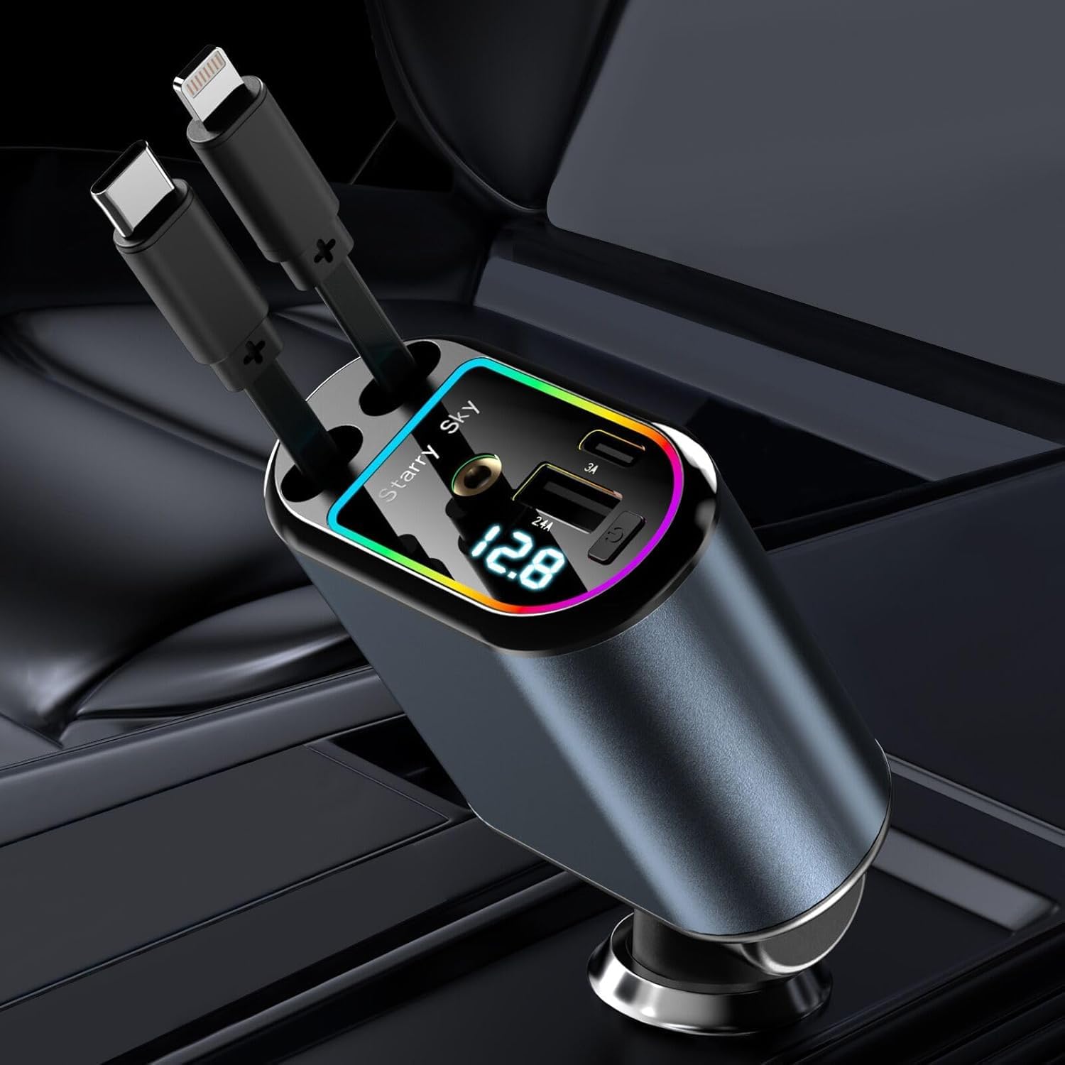120W Ultra Fast Car Charger- 4-in-1 Retractable Charger with Type-C Cable, Dual USB Ports, 180° Adjustable Design, LED Starry Sky Spotlight, Compatible with iOS & Type-C Device (Charger-C9)-image-31