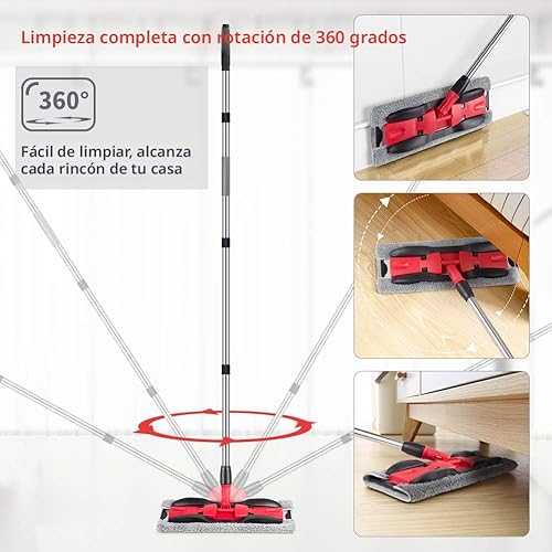 Miniatura 2 de MEXERRIS Trapeador de suelo de microfibra para limpieza de madera dura 360 rotaciones con mango ajustable 4 almohadillas reutilizables lavables para
