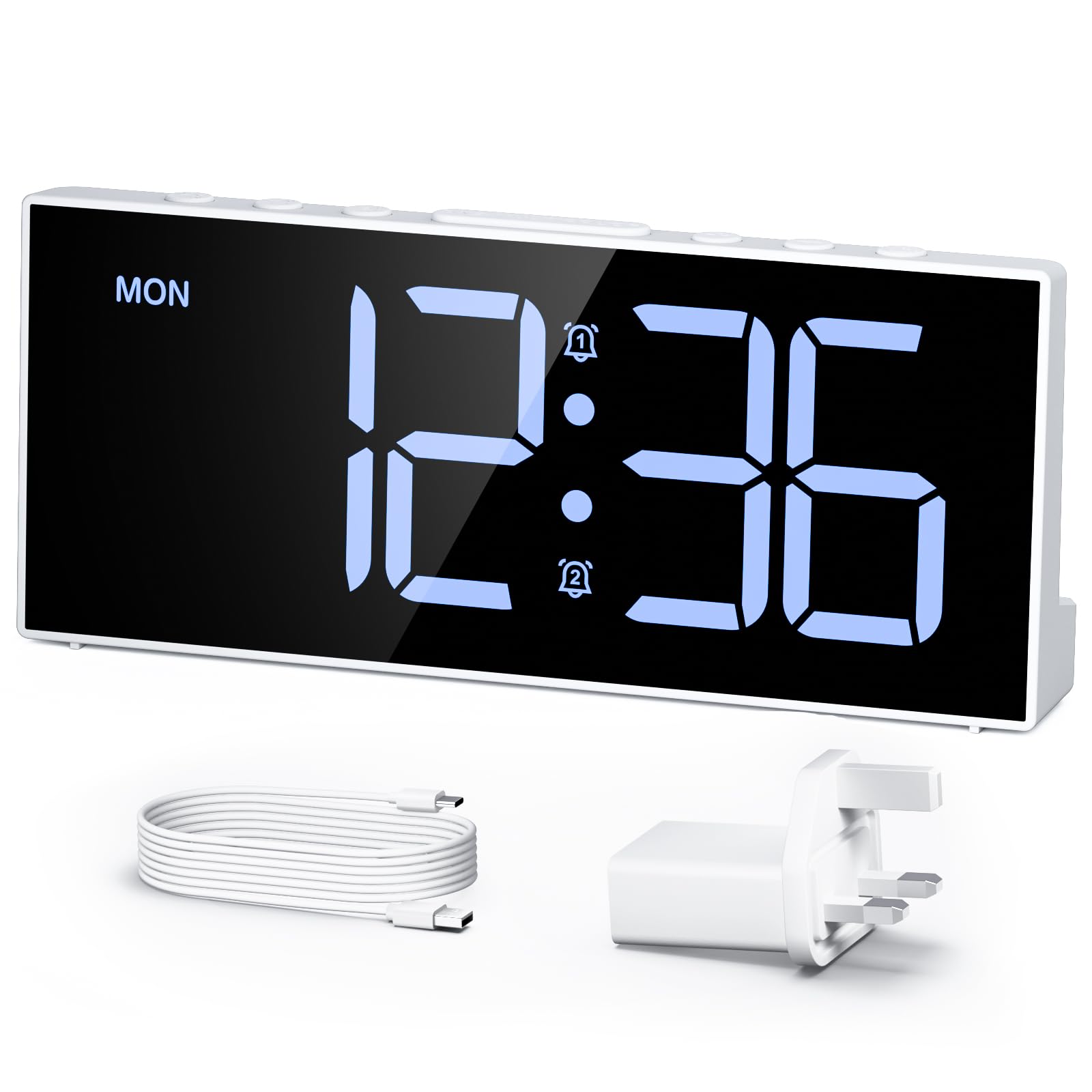 LATEC Alarm Clock, Digital Alarm Clock Bedside Mains Powered with 4 Level Brightness+OFF, 3 Levels of Volume, 2 Alarms, Snooze, USB Port, 3 Alarm Schedules, Clocks for Heavy Sleepers (Incl. Adapter)