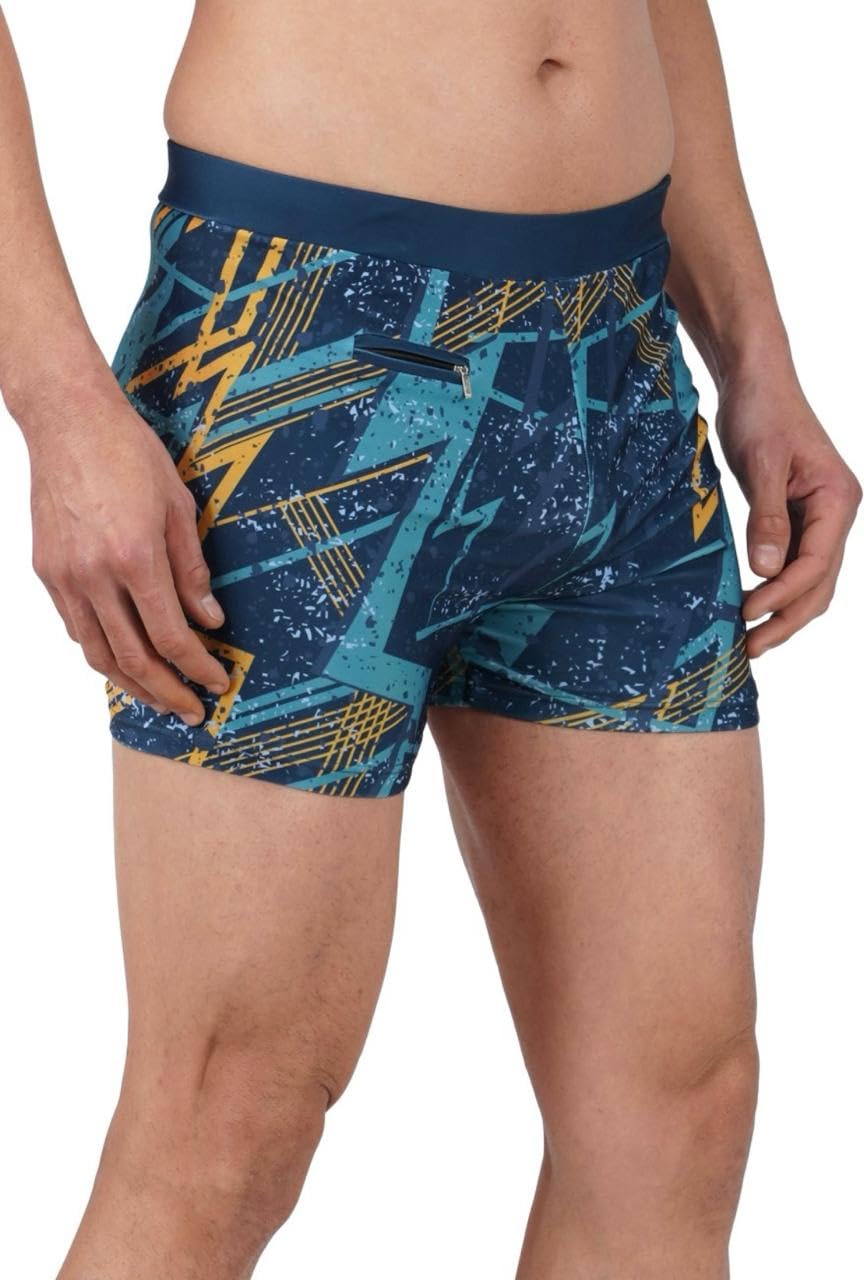 Teenage Boy's Swimming Trunks, Quick Dry Square Leg Swimwear, Blue Abstract Pattern, Black
