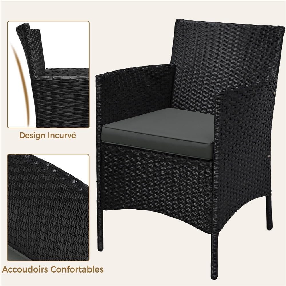 Yaheetech Salon de Jardin Exterieur Ensemble Mobilier de Jardin 2 Personnes Fauteuils et Table Basse Plateau Verre 2 Coussins Tressée pour Balcon Noir/Girs