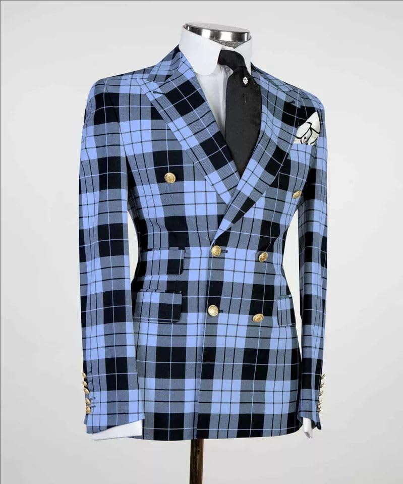 Mens Double-Breasted Plaid Blazer Checkered Leisure Prom Tuxedo Grooms 2 Pieces Slim Fit Suits Set3