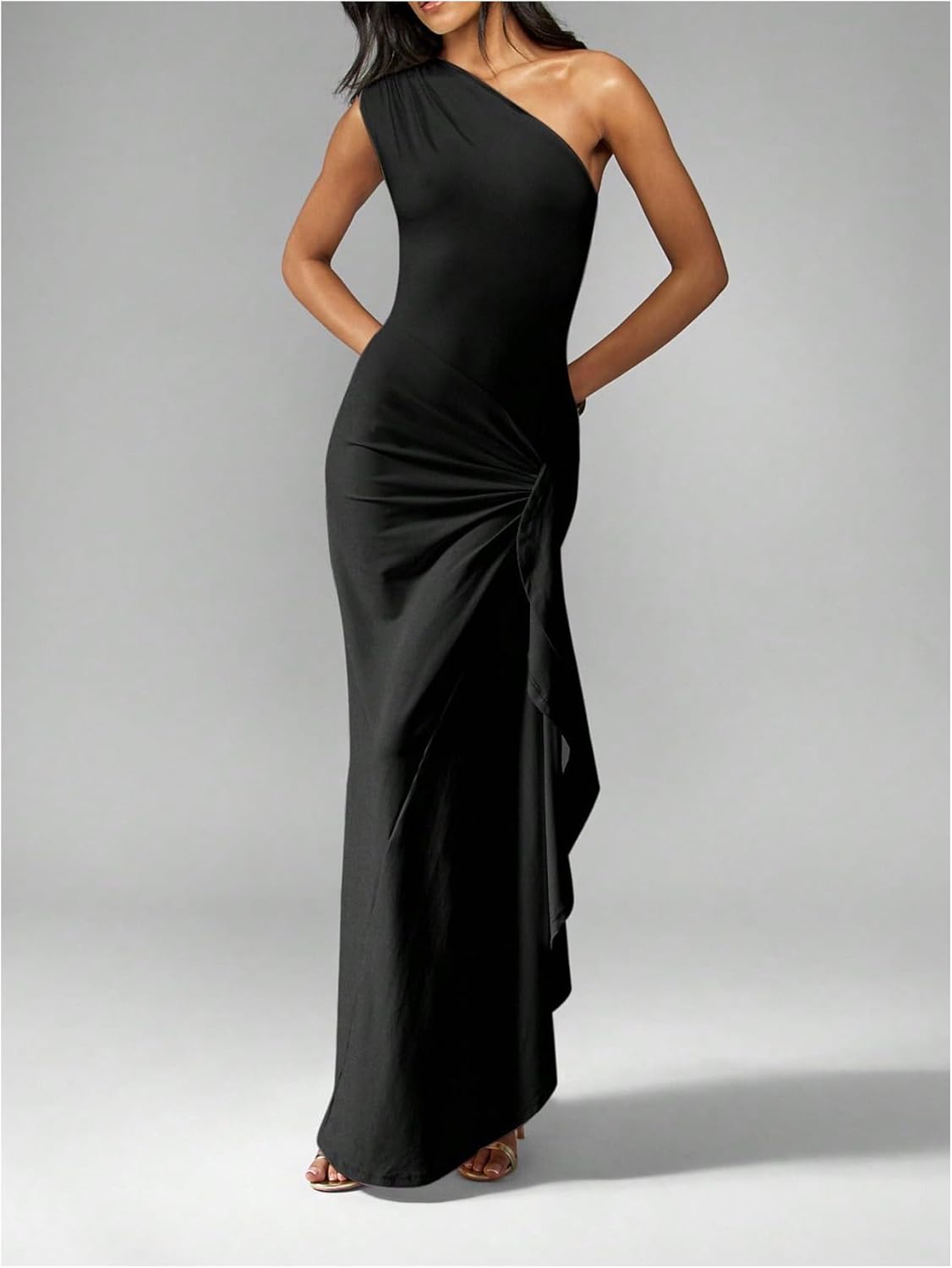 Verdusa Women's Ruffle Slit One Shoulder Maxi Dresses Cinched Waist Wedding Guest Dress Formal Outfits - Image 5