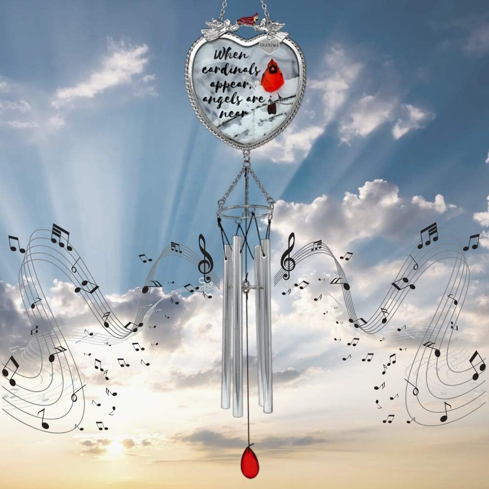 Grandma Memorial Wind Chimes - When Cardinals Appear Angels are Near - Silver Engraved Grandma Heart Charm - Windchimes for The Loss of a Grandmother - 18" L