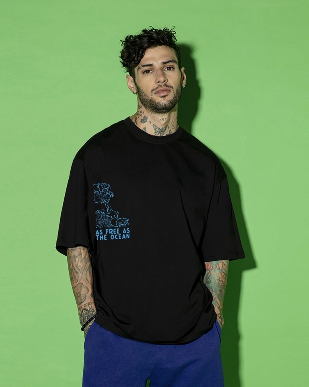 Bewakoof Maglietta da uomo in cotone 100% 220 g/m², stampa grafica, vestibilità oversize, girocollo