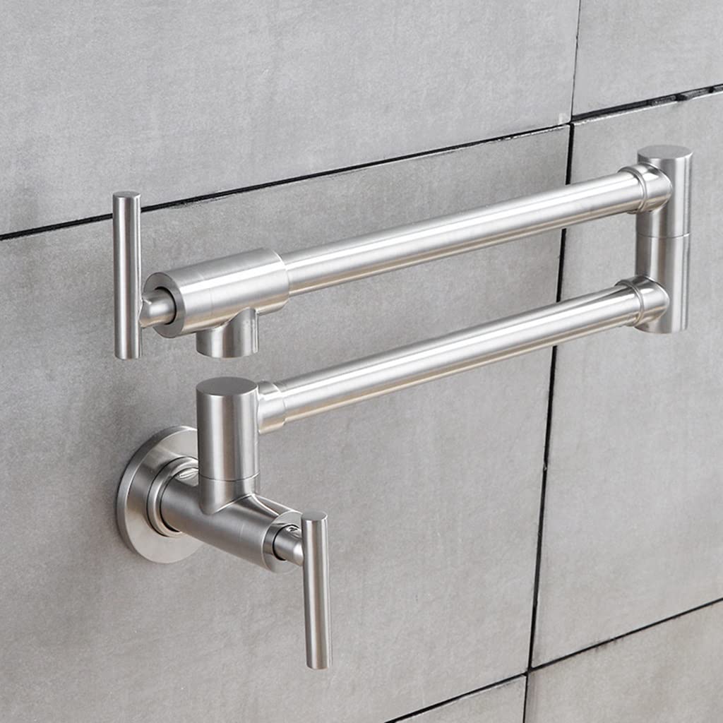 BBGS Montaje en Pared Grifos de Llenado de Ollas, Acero Inoxidable Llenadora de Ollas Comercial, Tarea Pesada con Plegable Estirable Articulaciones Dobles 2 Asas