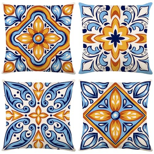 Wyooxoo Juego de 4 fundas de almohada decorativas de 45 x 45 cm, fundas de almohada cuadradas hechas de 100% algodón de lino, para cama, sofá, sala de estar, sofá, transpirable (09HL flor).