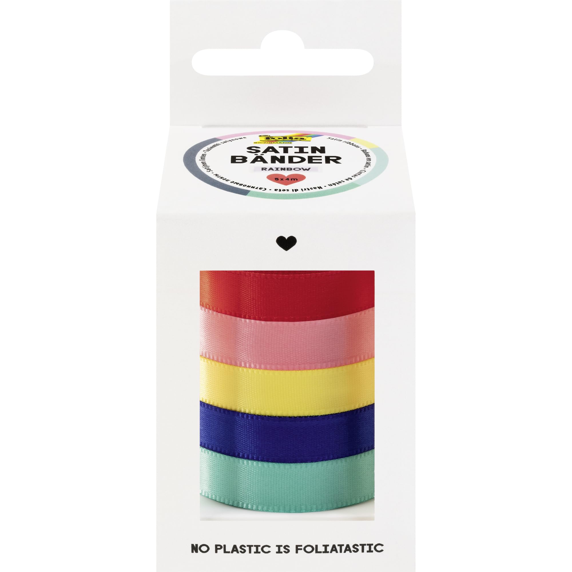 folia 12131 Satin Ribbons Rainbow 5 x 4 m, Satin Ribbon Mix in Rainbow Colours, as Decorative Ribbon or as Gift Ribbon