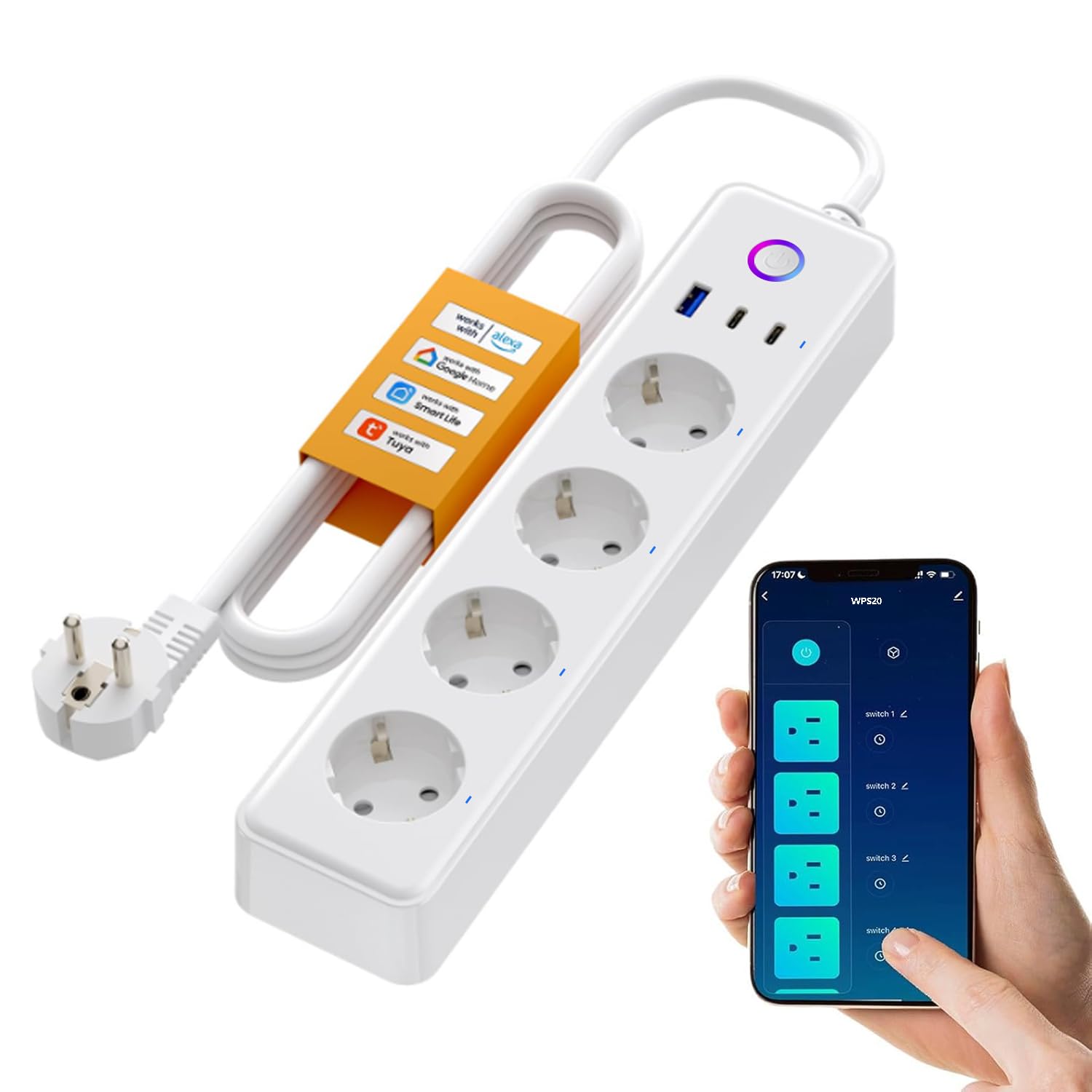 MIUCDA Smart - Multipresa con 4 prese da 10 A, 1 USB e 2 connettori tipo C, presa multipla commutabile singolarmente, compatibile con Alexa, Google Assistant, Smart Life, Tuya accesso remoto, 1,5 m