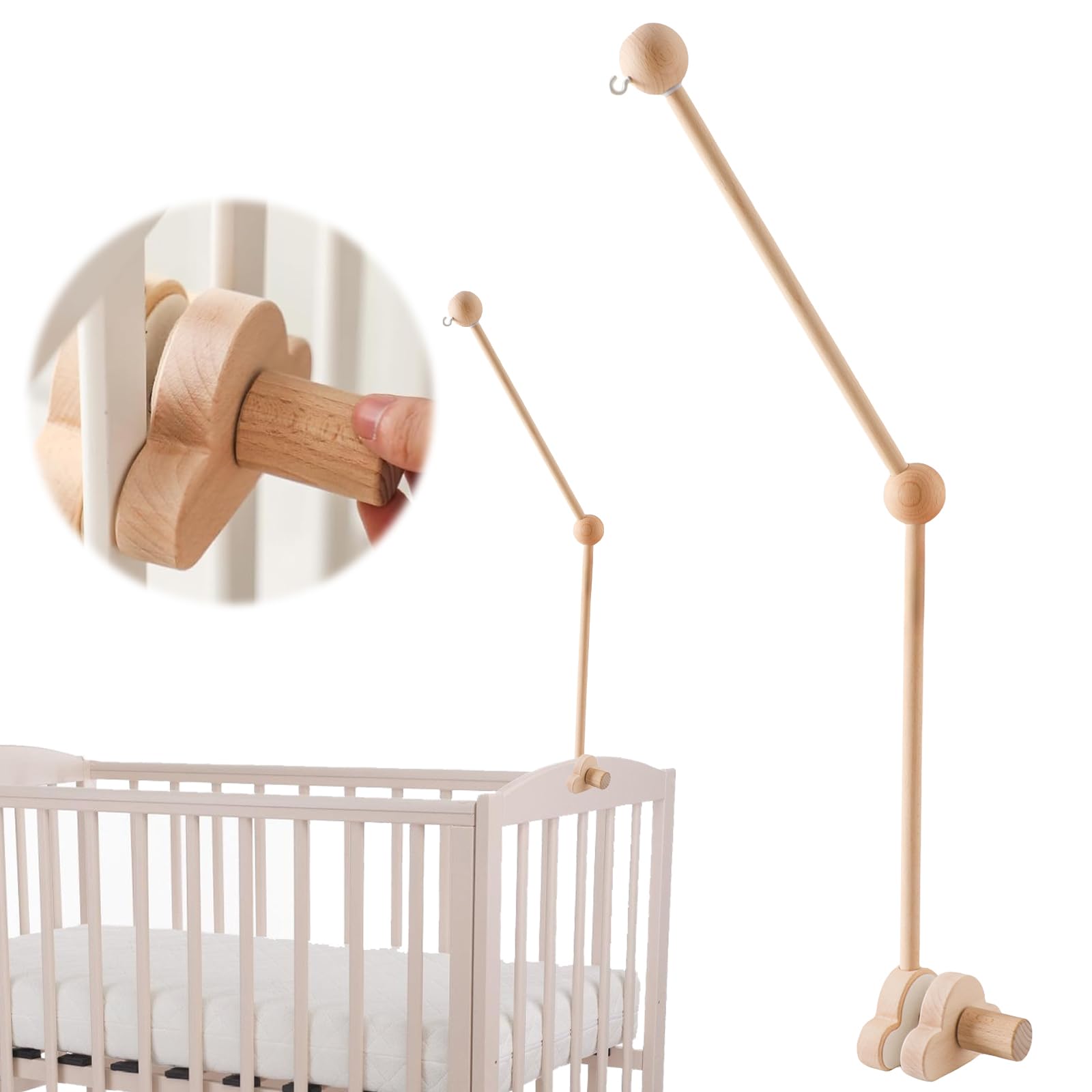 Mobile Halterung Holz für Wickeltisch, Mobile Halterung Holz für Babybett, Mobile Baby Halterung Drehbar Wolken Design für Babybett Hängende Bettglocke Kinderbett Laufstall DIY Deko-Artikel