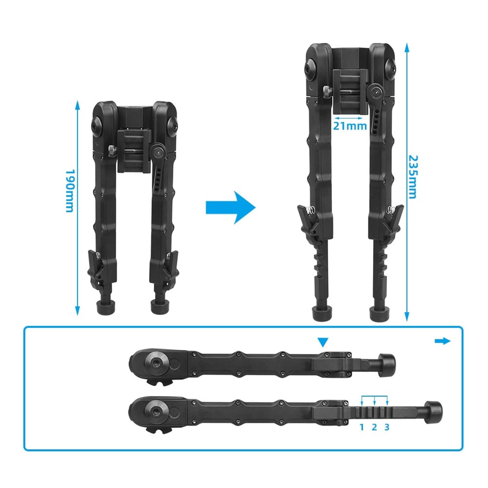 Bipied V9 en Alliage D'aluminium, Bipied Tactique QD, Extension De 7 À 8,5 Pouces, Support Tactique Réglable for Rail De 20 Mm(Black)