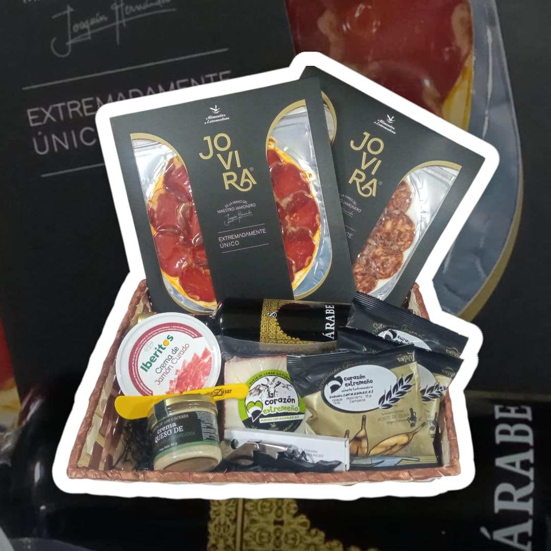 Cesta Gourmet Empresas Queso Curado de Cabra Salchichón Ibérico 100% Bellota Lomo Ibérico Loncheado Crema Jamón Curado Crema de Queso Picos Artesanos Vino Blanco Árabe Regalo Premium CORAZON EXTREMEÑO