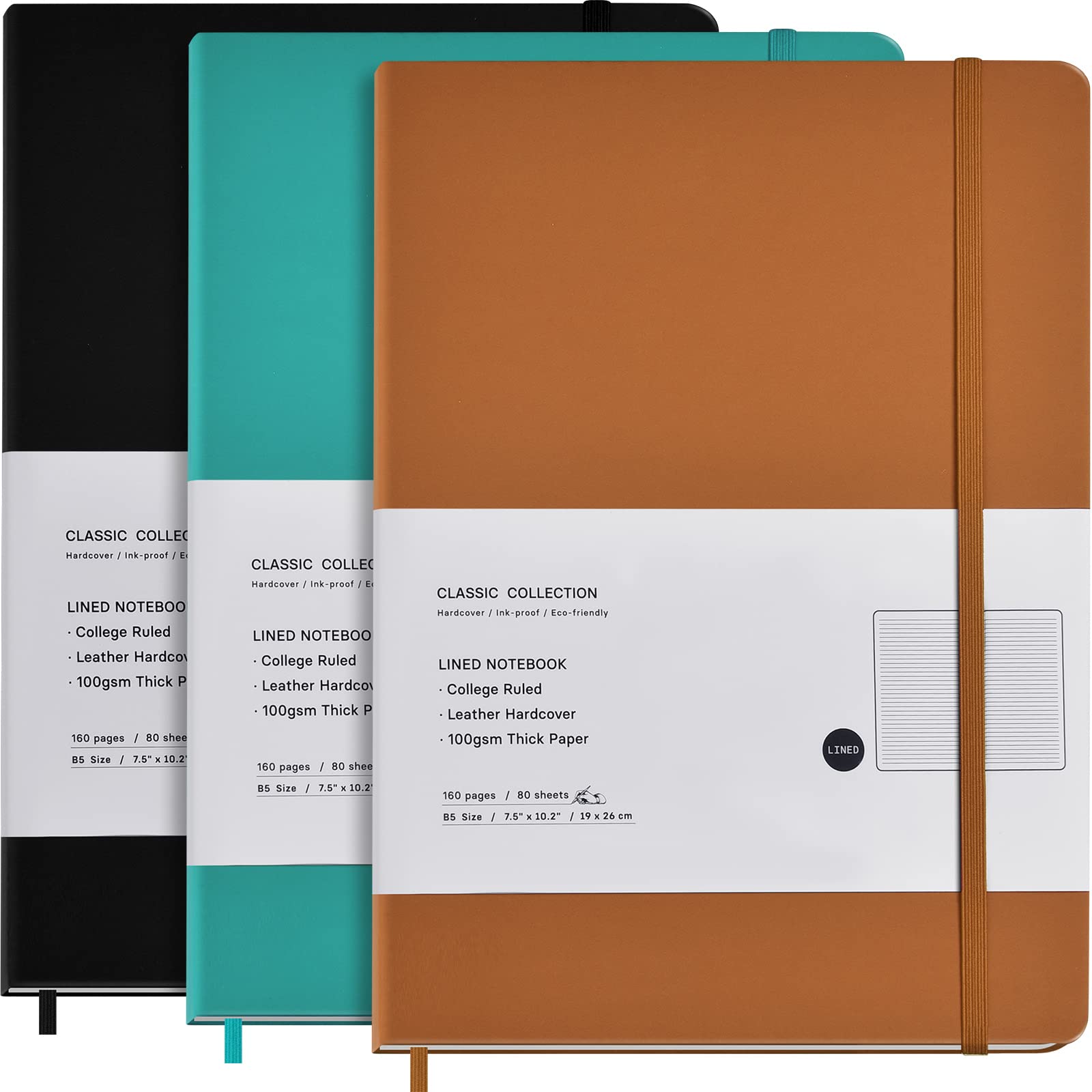 Confezione da 3 quaderni a righe B5, con copertina rigida a righe, per ufficio, casa, scuola, affari, per prendere appunti, 25,9 x 19,1 cm, carta spessa 100 g/m², 160 pagine (nero/marrone/verde)