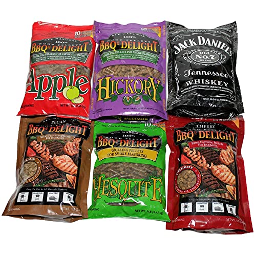 BBQr's Delight Wood Smoking Pellets - Super Smoker Variety Value Pack - 1 Lb. Bag - Apple, Hickory, Mesquite, Cherry, Pecan and Jack Daniel's