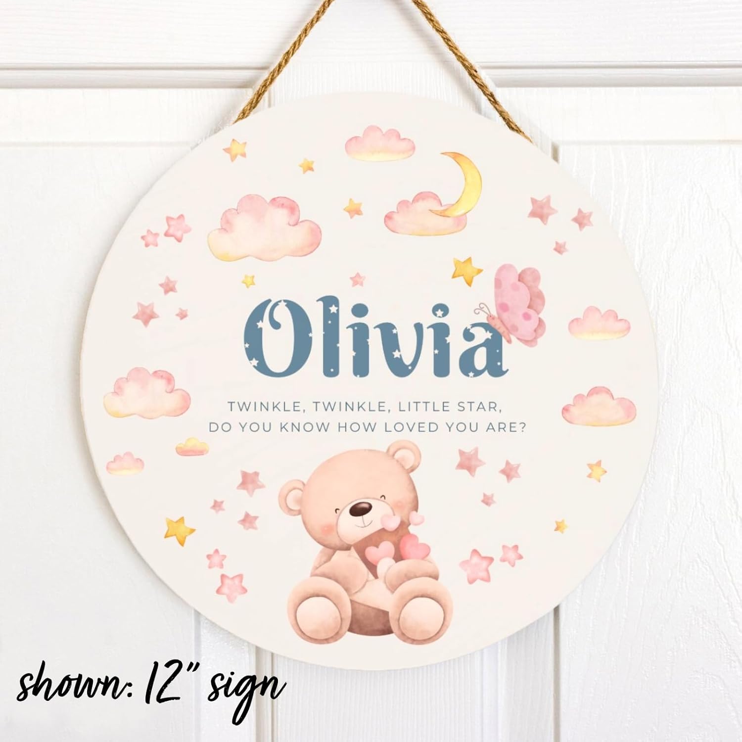 Generic Personalized Wooden Name Wall Sign for Nursery, Soft Pastel Colors, Eco-Friendly, Custom Made in USA, Crib Accessory, 6-12 inches (8"" diameter), pink