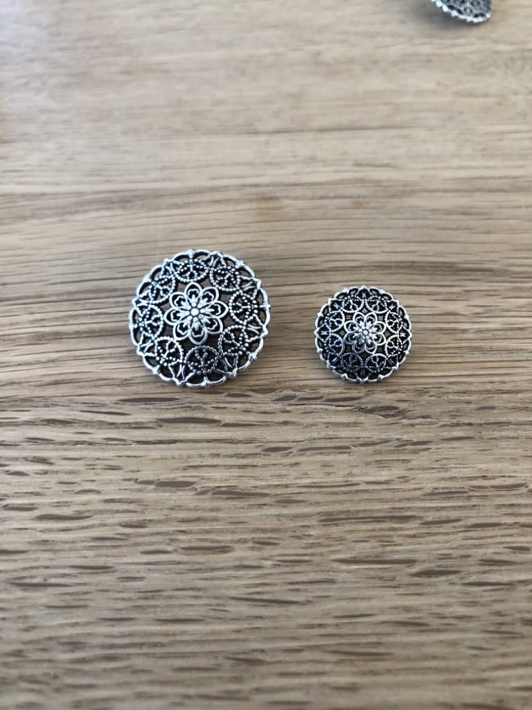 Silver Antique Delicate Patterned Metal Buttons with Eyelet 15 mm or 23 mm (Pack of 10) (15 mm) - Image 3