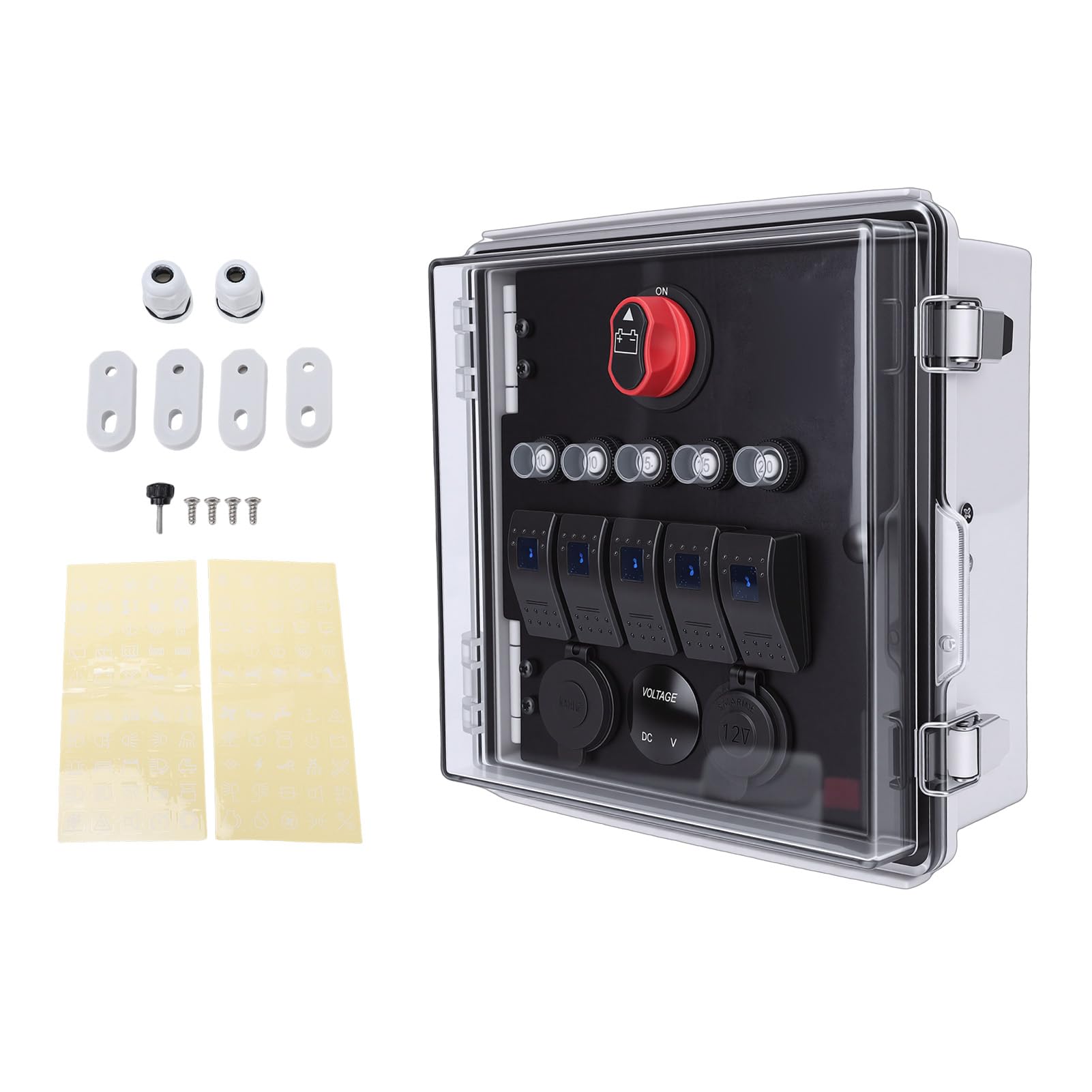 Schalterfeld 5-fach mit USB Ladegerät und Voltmeter, wasserdichte Schaltbox IP67, 3-Positions Kippschalter mit LED Anzeige für LKW Wohnmobil Boot Outdoor Camping