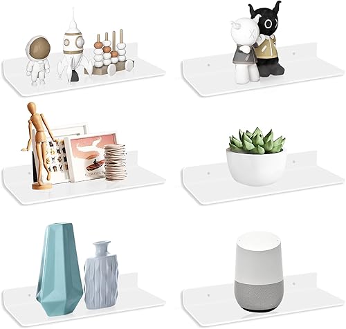 Fixwal Estantes acrílicos para pared, estantes flotantes de pared de 9 pulgadas, juego de 6 estantes de pared adhesivos sin taladrar para sala de